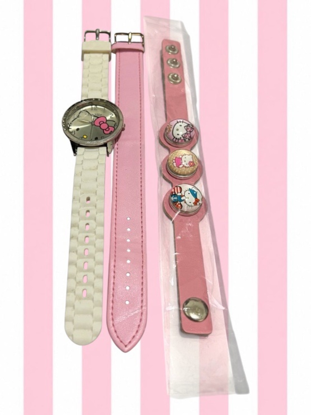 Hello Kitty Pink and White Watch & Snap Bracelet Set